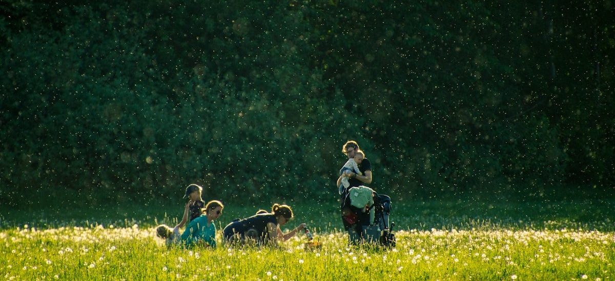 a group of people in a field with a dog